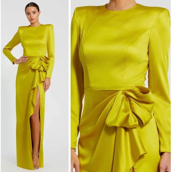 Mac Duggal Ieena 26676 Green Chartreuse Gown 14 Structured Bow Long Sleeve NWT - Picture 1 of 16